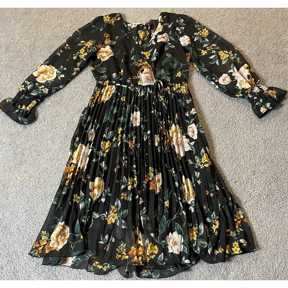 Indigo Rose Pleated Floral Dress Sz M Gold Pink Long Sleeve Career Party Cottage - Picture 4 of 12